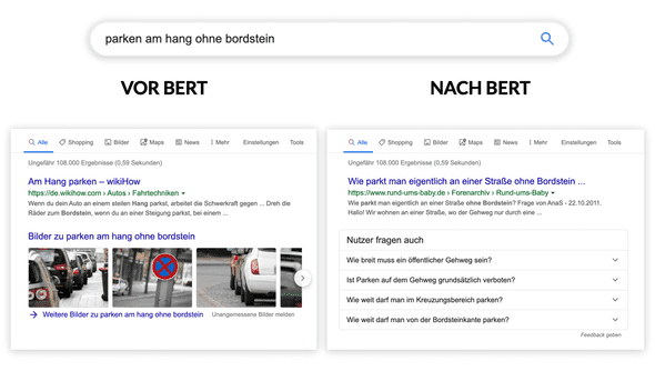 Google BERT Vorher/Nachher Beispiel anhand des Parkens ohne Bordstein