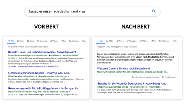 Google BERT Vorher/Nachher Beispiel anhand einer Visa-Suche